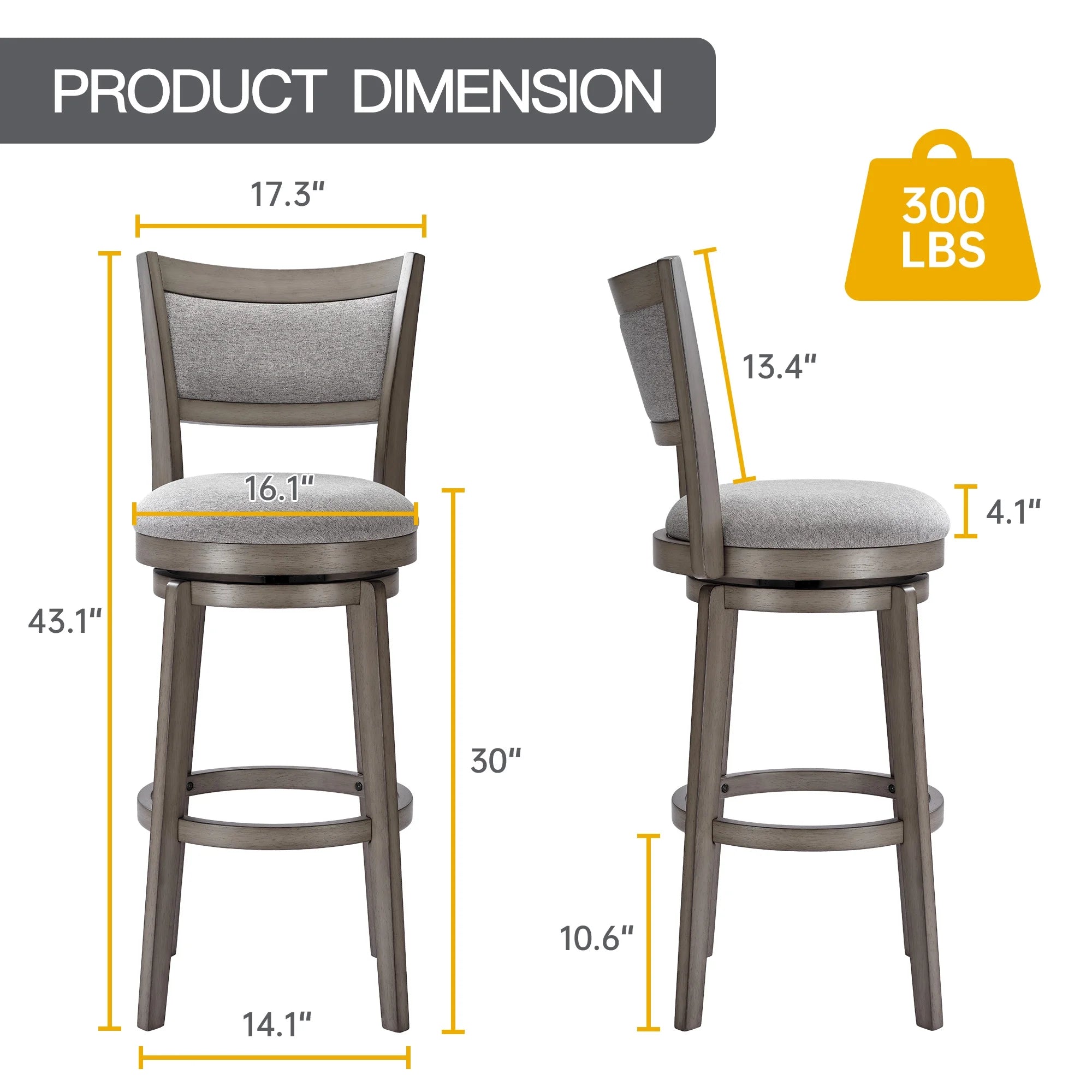 TrumanPick 30 Bar Height Swivel Bar Stool Set of 2 Upholstered Counter-Height Barstools with High Back Pub Chair Seat for Kitchen Island