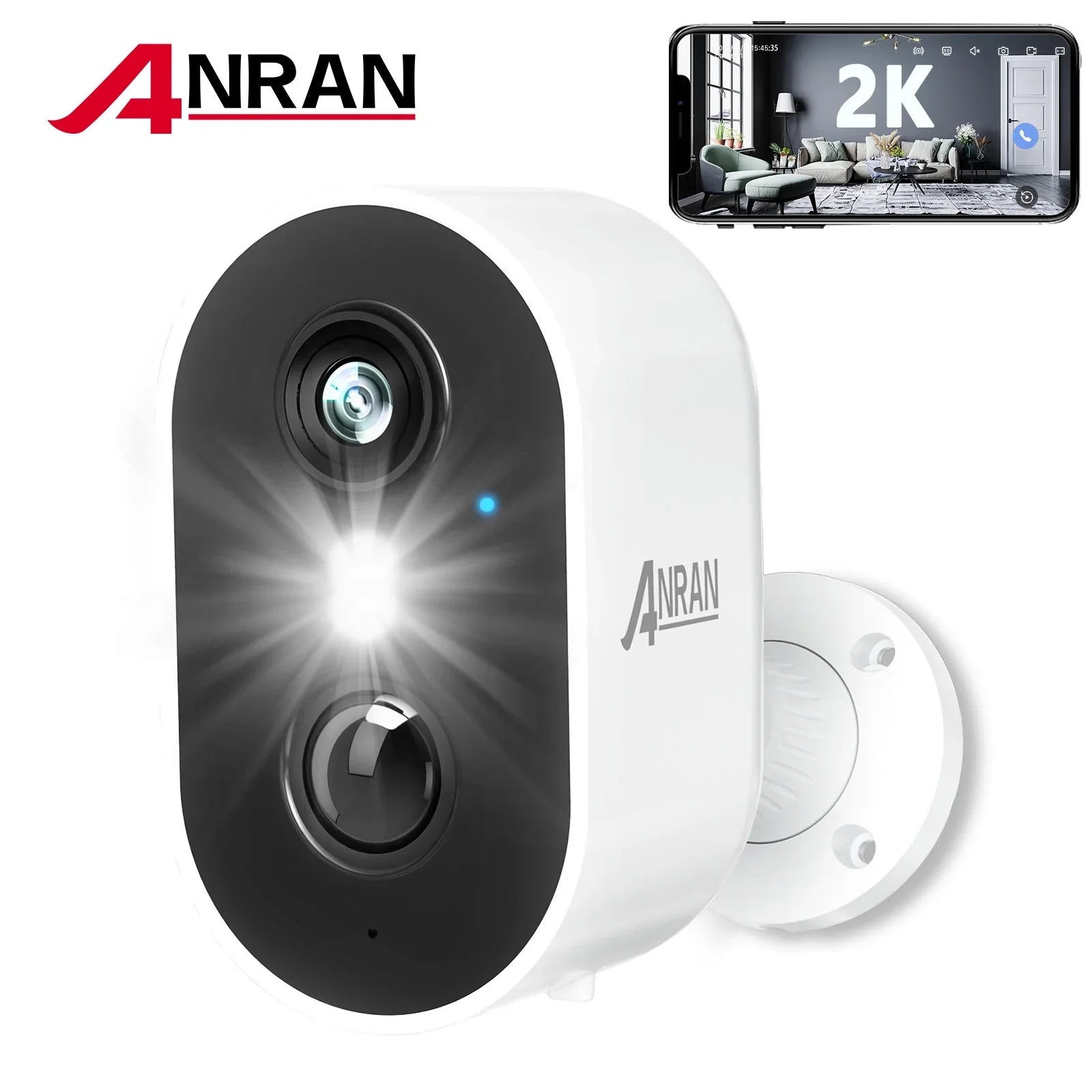 ANRAN 2K Wireless Outdoor Security Camera with Spotlight, Waterproof, PIR Detection, 2.4Ghz Wi-Fi, Rechargeable Battery Powered Home Surveillance Camera with Color Night Vision, 2-Way Audio, White