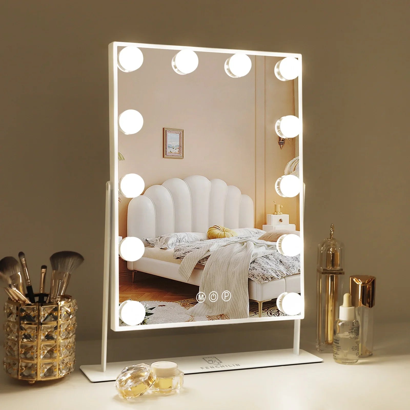 Fenchilin Vanity Makeup Mirror with Lights Metal Tabletop White 14.5" x 18.5"