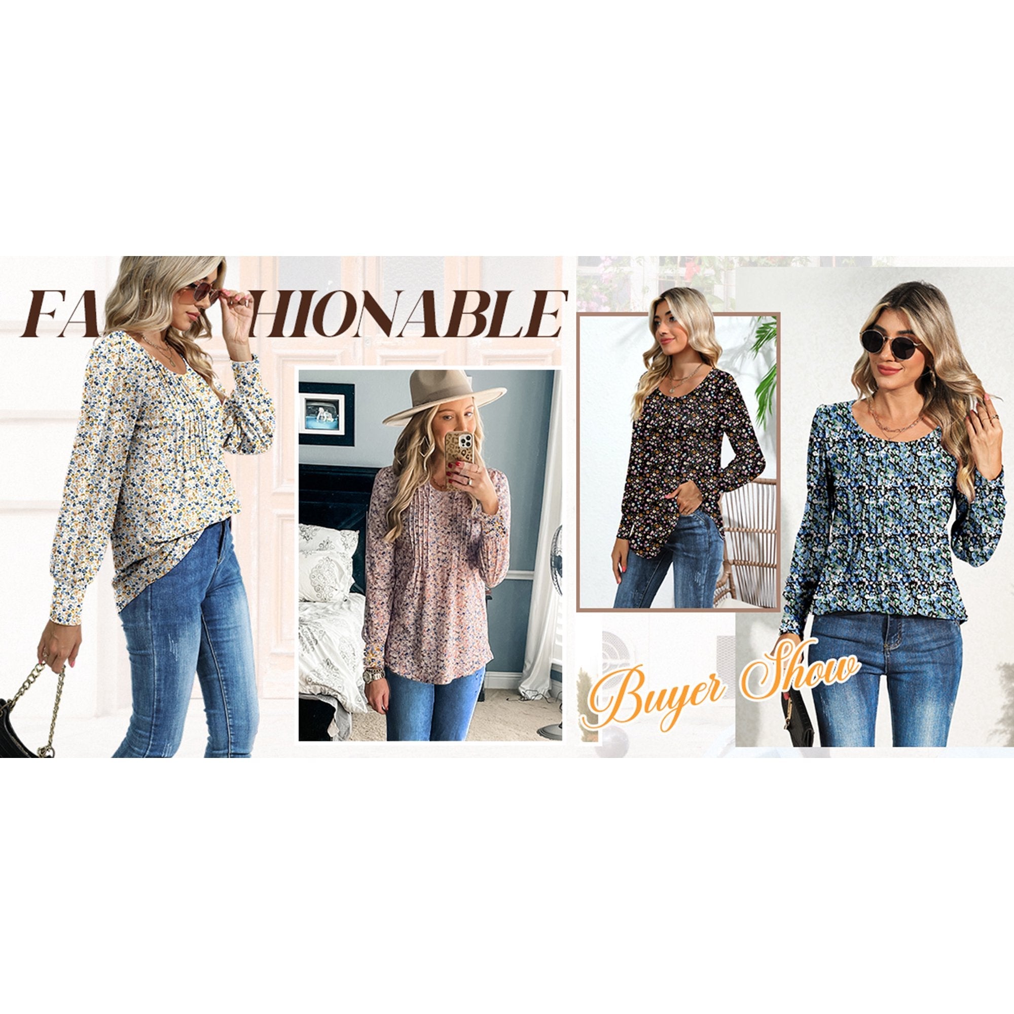 LinenMarket Floral Blouses for Women Pleated Long Sleeve Shirts Casual Crewneck Tunic Tops