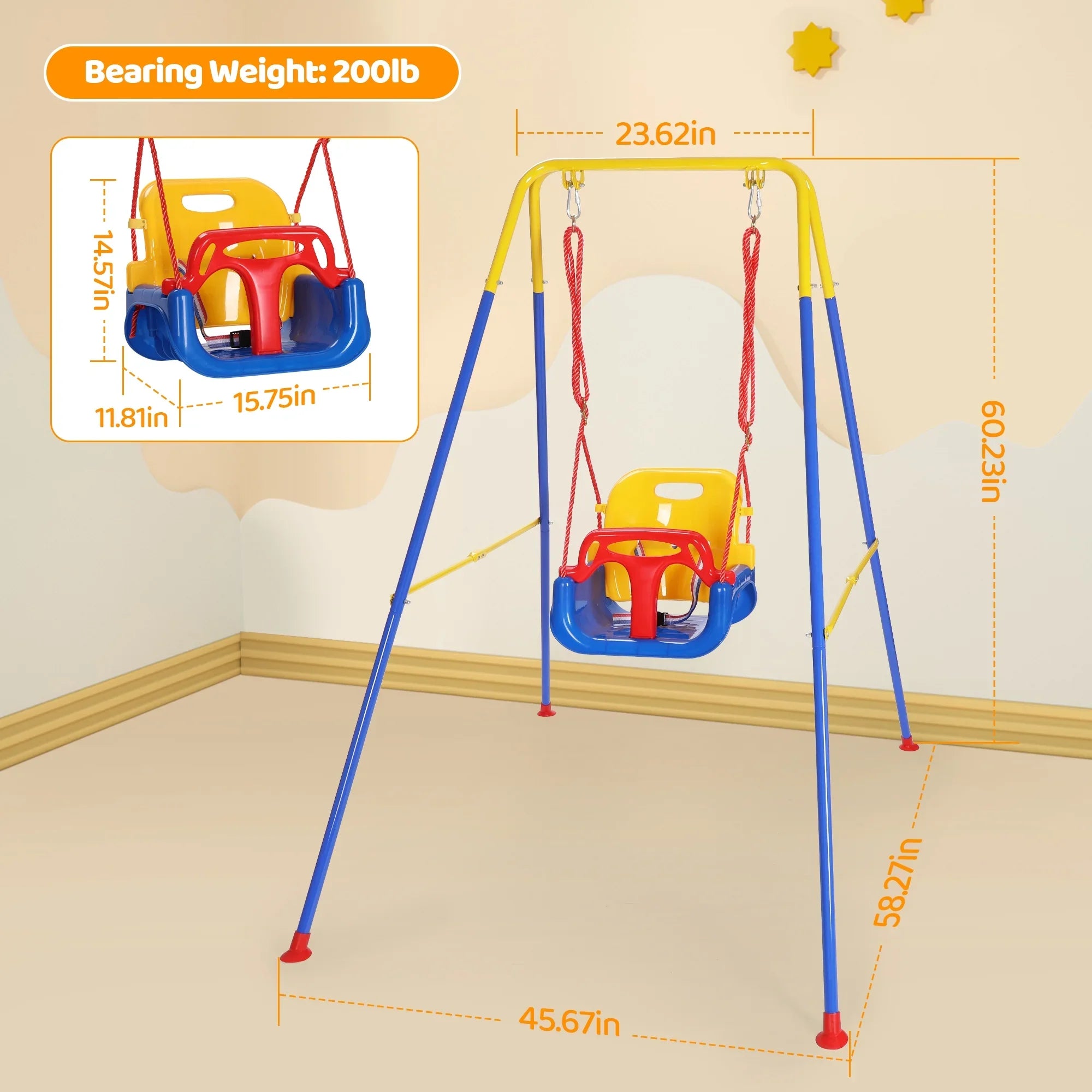 Metal Baby Toddler Swing, 3-in-1 Outdoor&Indoor Playground for Children Swing Set,Easy Assembly Kid Playset with 4 Sandbags for Age 1-10-Yellow