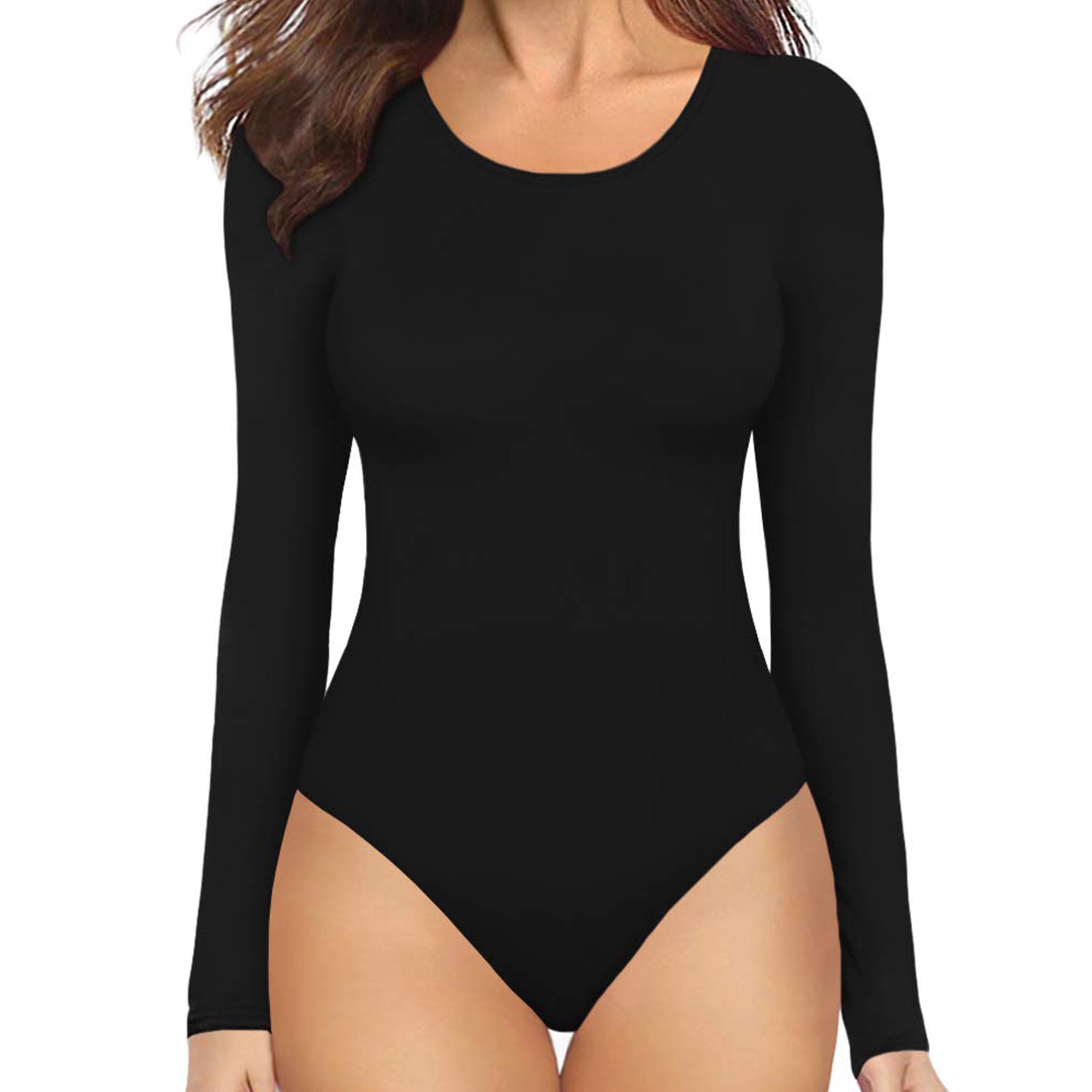 LinenMarket Round Neck Long Sleeve Bodysuit Fitted Womens Tops