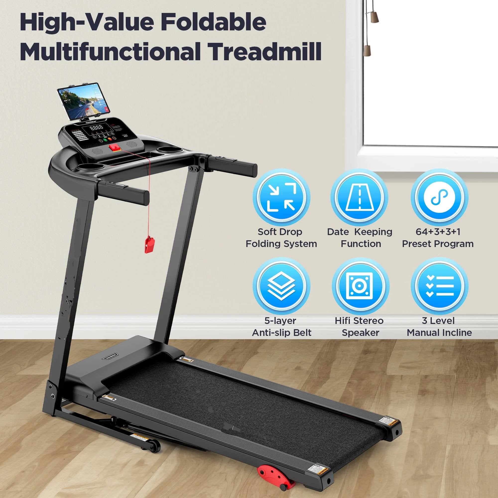 2.5HP Folding Treadmill for Home, 300lbs Capacity, Adjustable Incline, Programs, Bluetooth Speakers, Electric Treadmill Running Machine