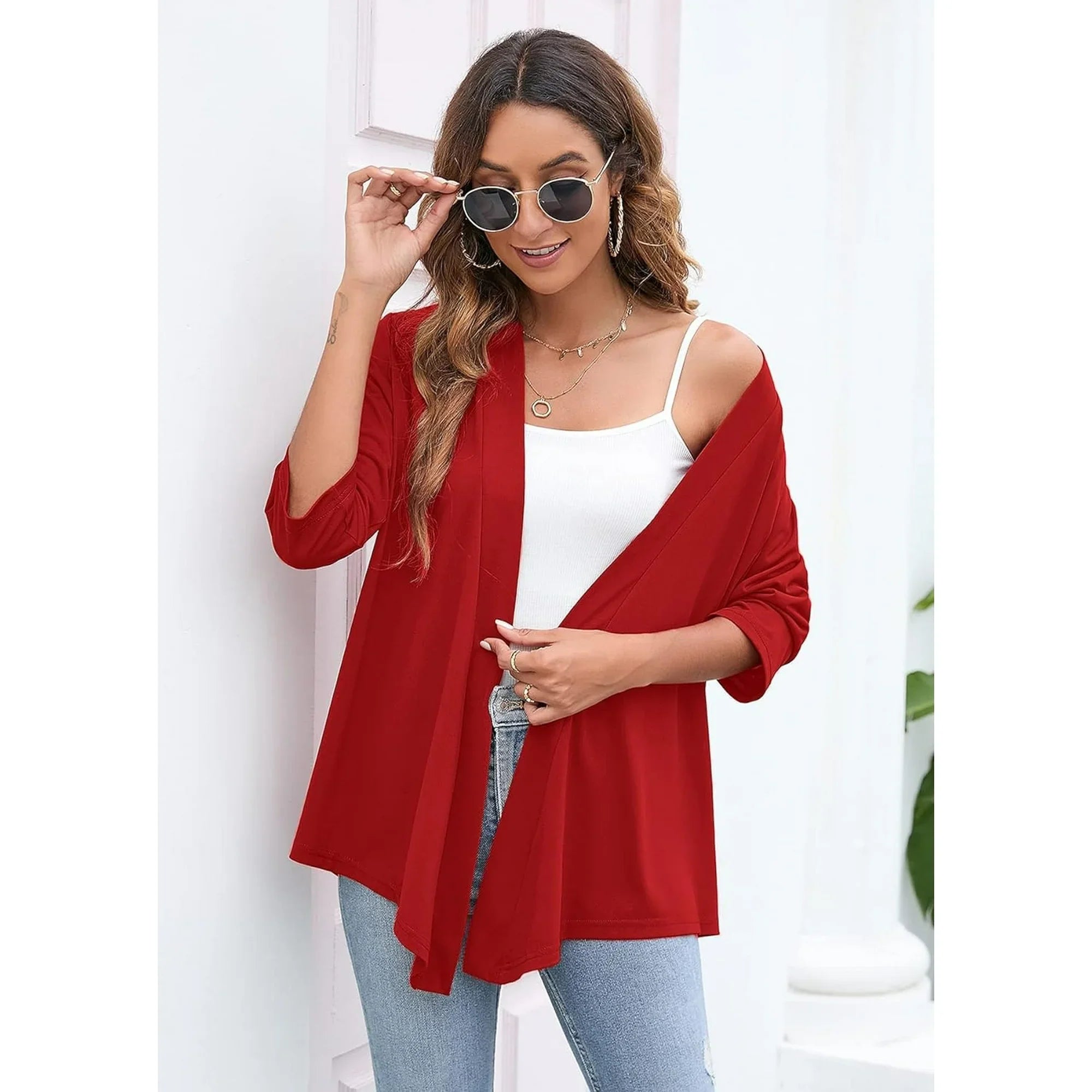 LinenMarket Women's Lightweight Open Front Cardigans Casual 3/4 Sleeve Casual Soft Drape Spring Fall Cardigan Wine Red M