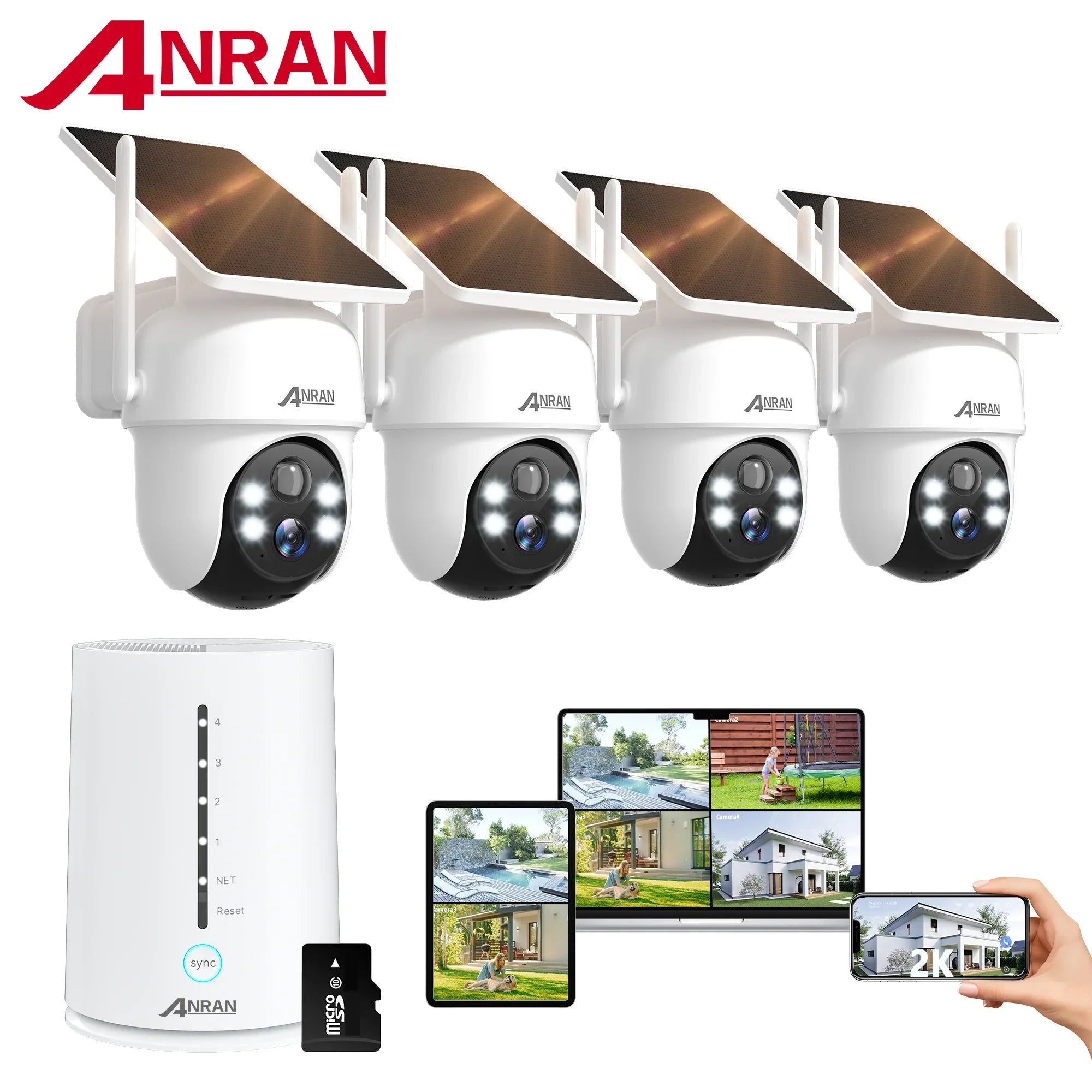 ANRAN 2K/4MP Solar Security Camera with Base Station, Spotlight, Expandable Local Storage, No Monthly Fee, 360 View Wireless Outdoor Camera, Waterproof PIR Detection, Home Surveillance System Camera