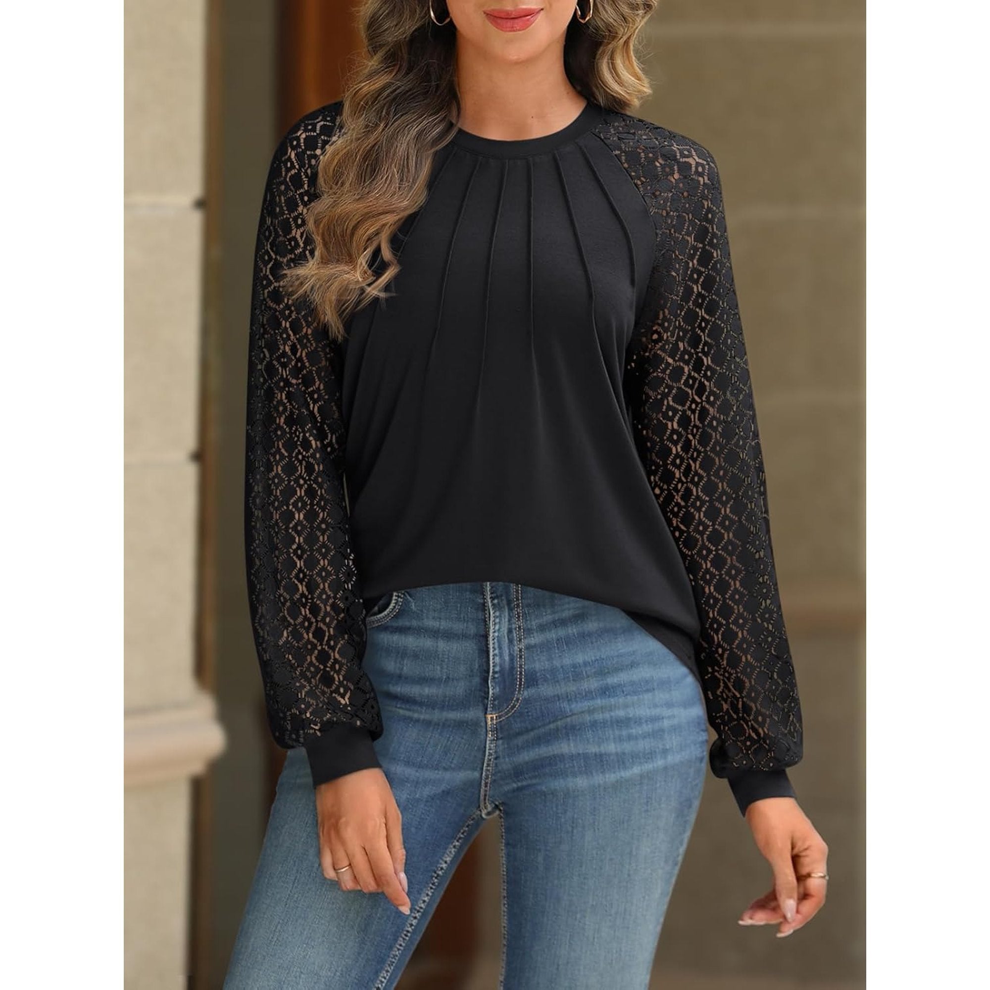 LinenMarket Women's Knit Tops Dressy Business Casual Blouses Lace Long Sleeve Work Shirts Fall Clothes