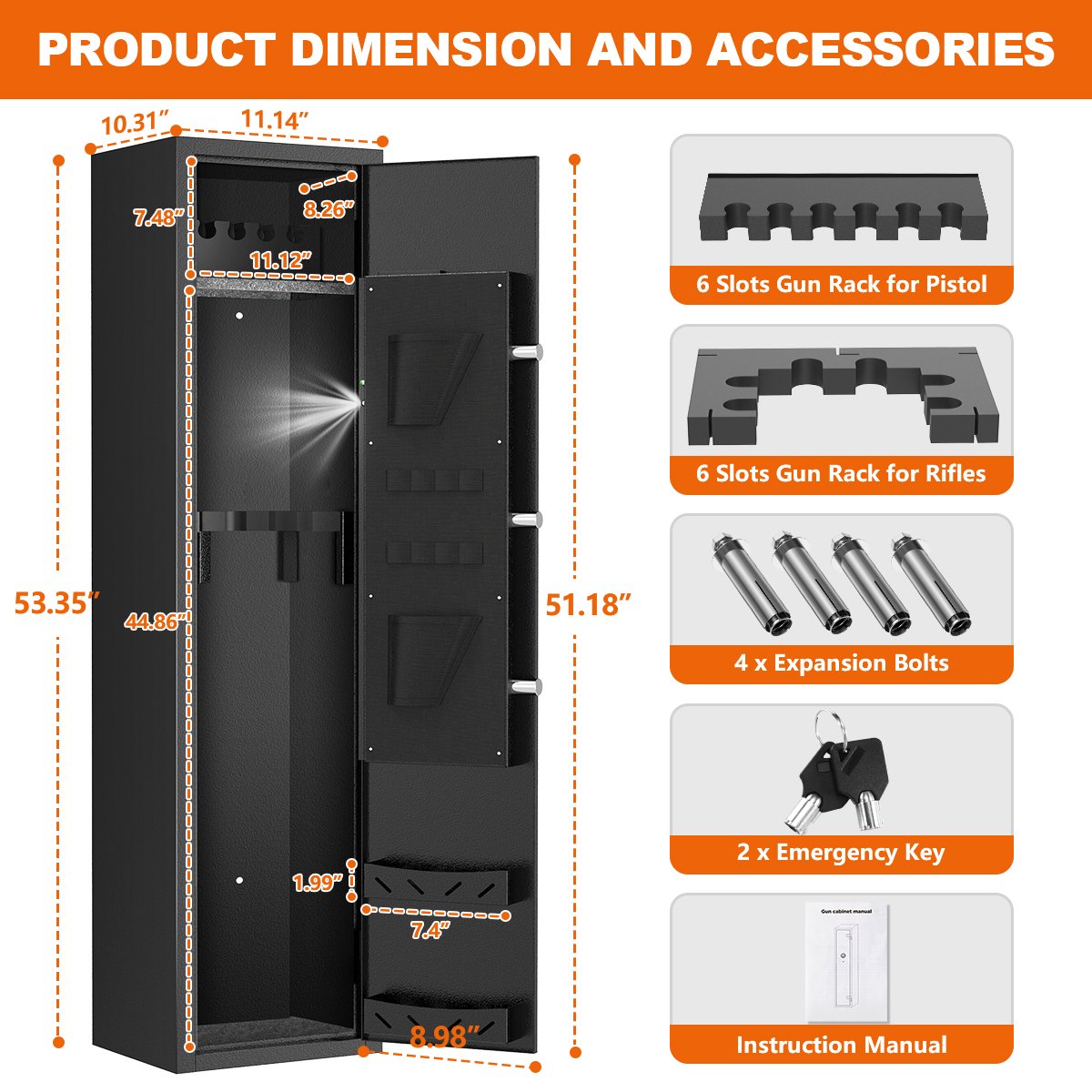 RXDSAFE 5-6 Long Gun Safes, Gun Cabinets for Home Storage of Rifle and Pistols, Quick Access Rifle Safe with Alarm System, Gun Racks, Pistol Pocket