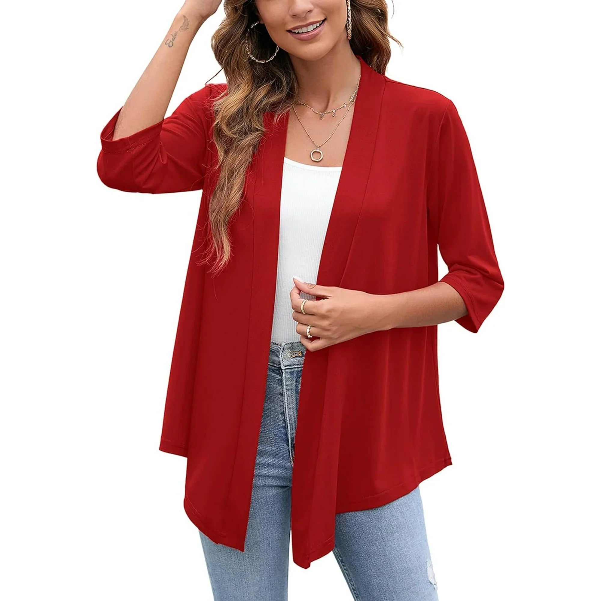 LinenMarket Women's Lightweight Open Front Cardigans Casual 3/4 Sleeve Casual Soft Drape Spring Fall Cardigan Wine Red M