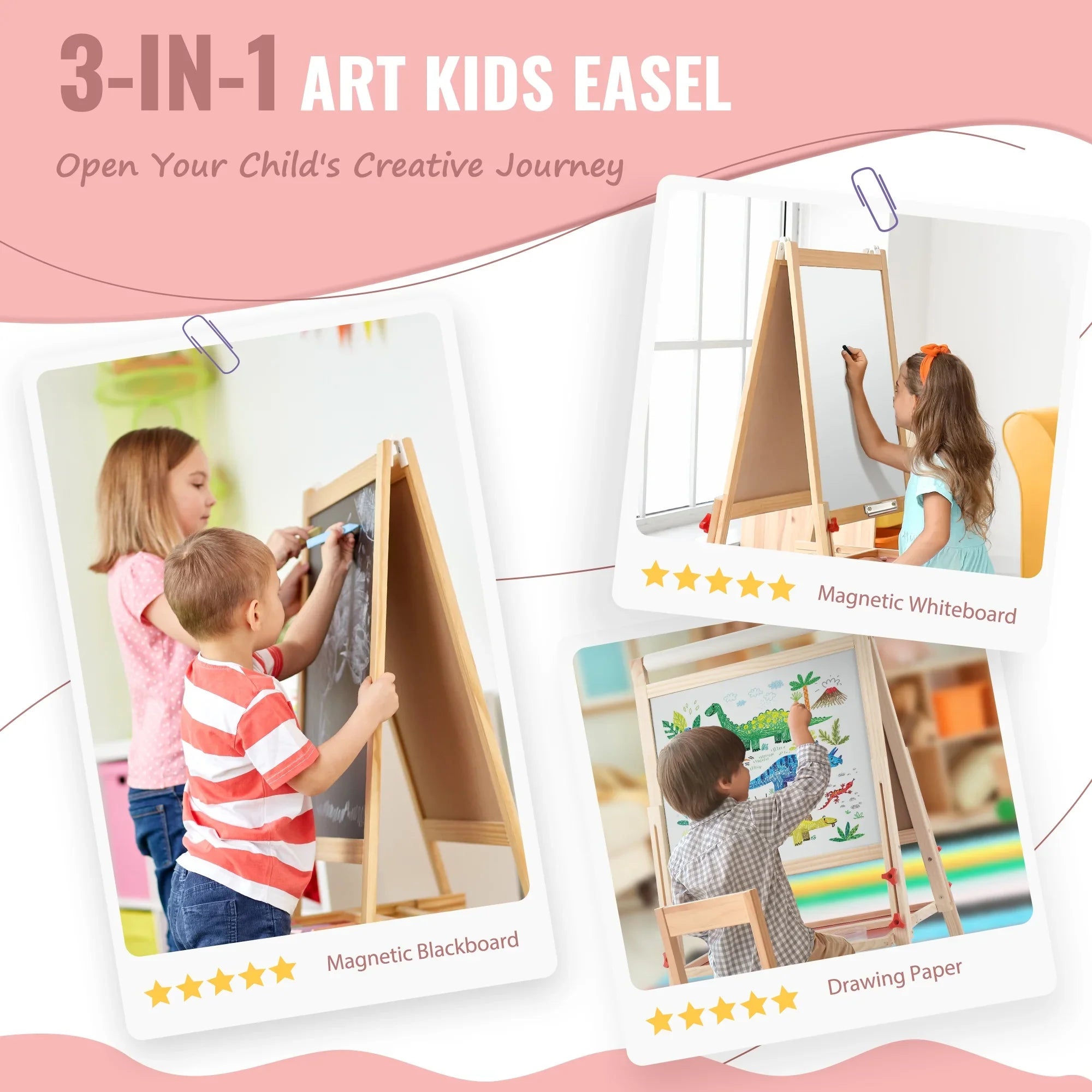 Art Easel for Kids with Paper Roll, Adjustable Double Side Art Drawing Standing Chalkboard for Toddlers 3-12, Boy & Girls Wooden Gift & Art Supplies for Toddler