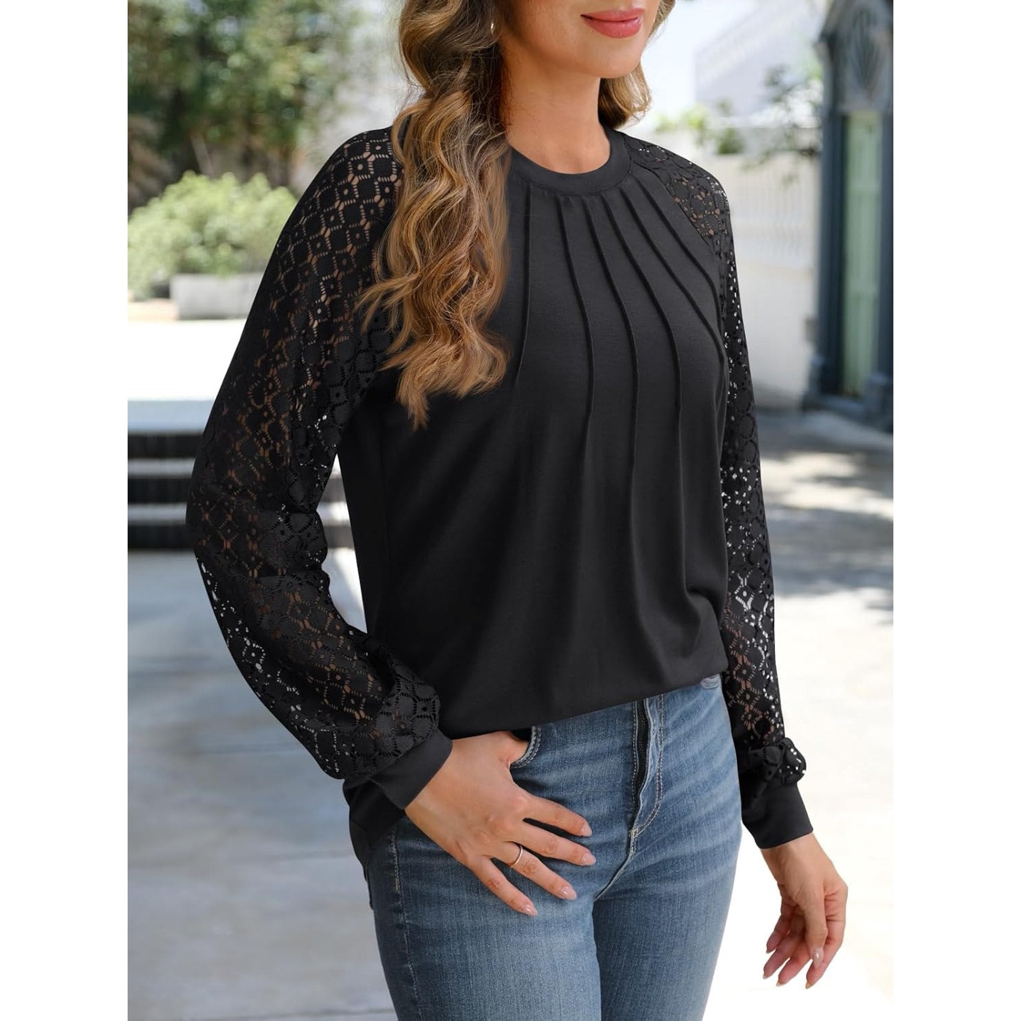 LinenMarket Women's Knit Tops Dressy Business Casual Blouses Lace Long Sleeve Work Shirts Fall Clothes