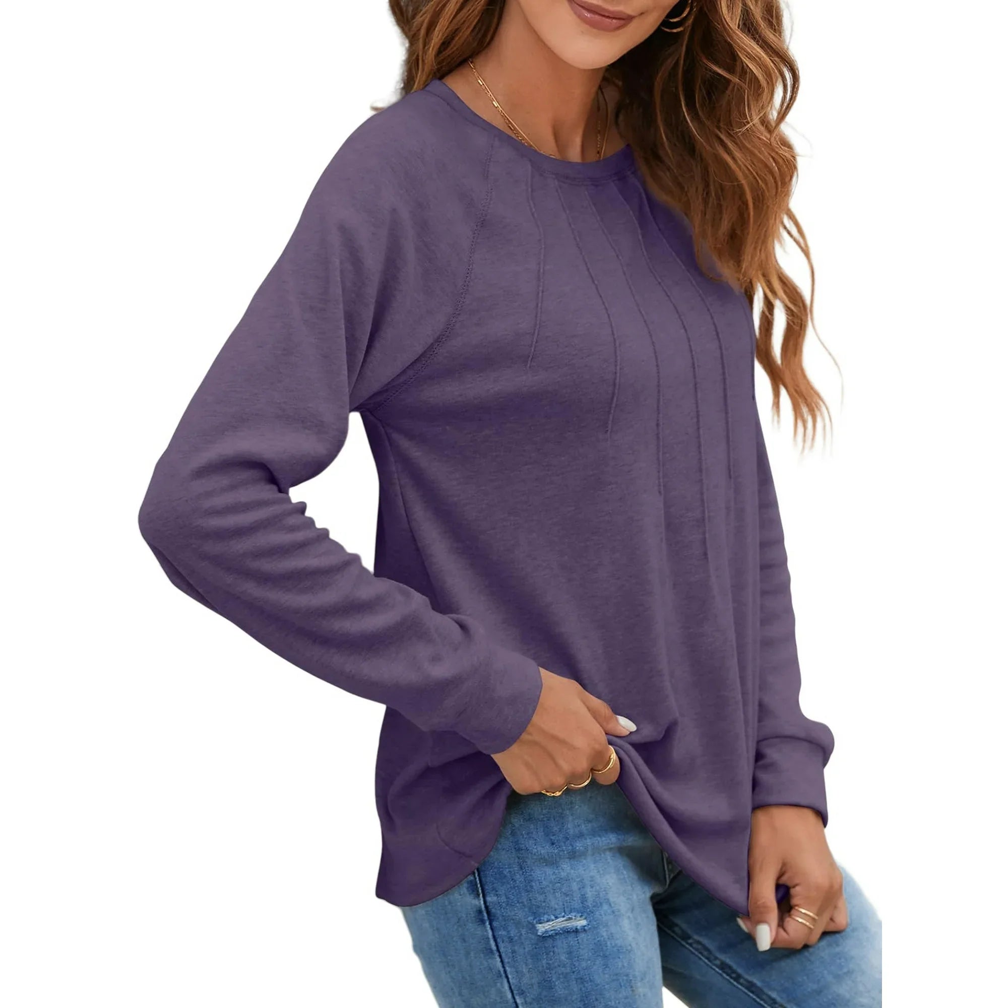 LinenMarket Pleated Womens Blouses Crewneck Long Sleeve Shirts Casual Dressy Tunic Tops