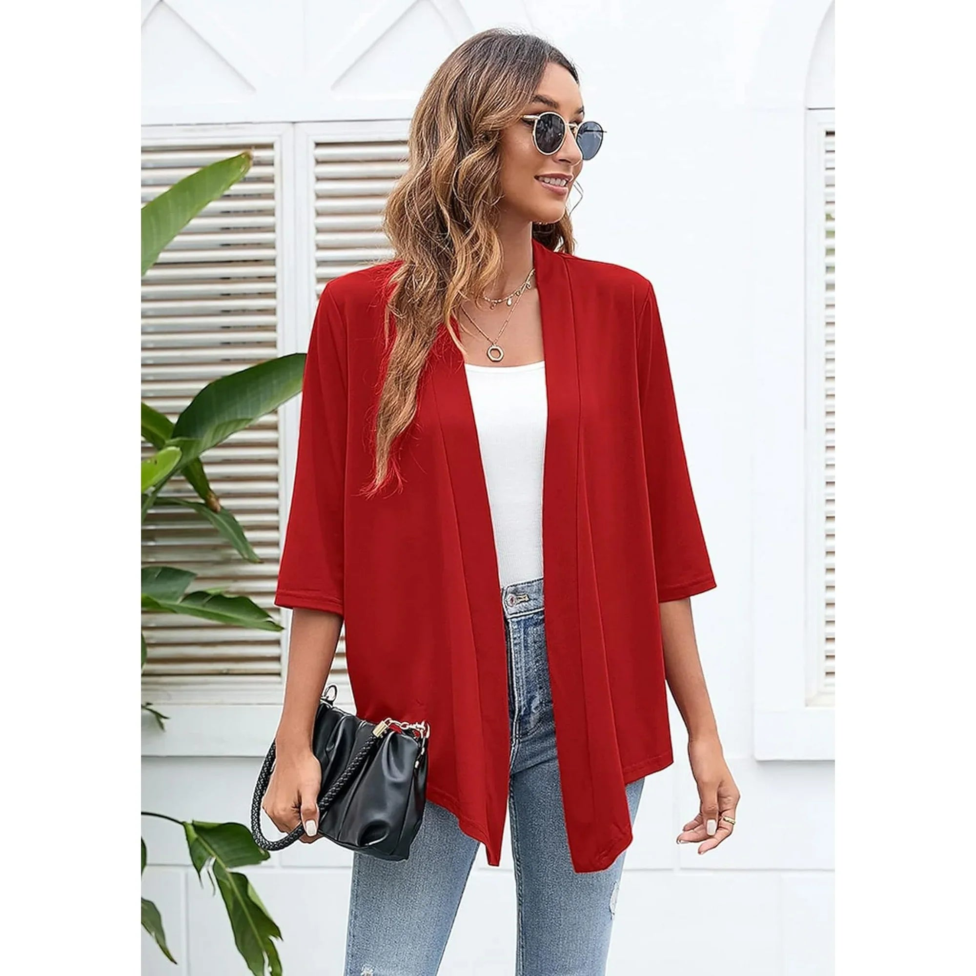 LinenMarket Women's Lightweight Open Front Cardigans Casual 3/4 Sleeve Casual Soft Drape Spring Fall Cardigan Wine Red M