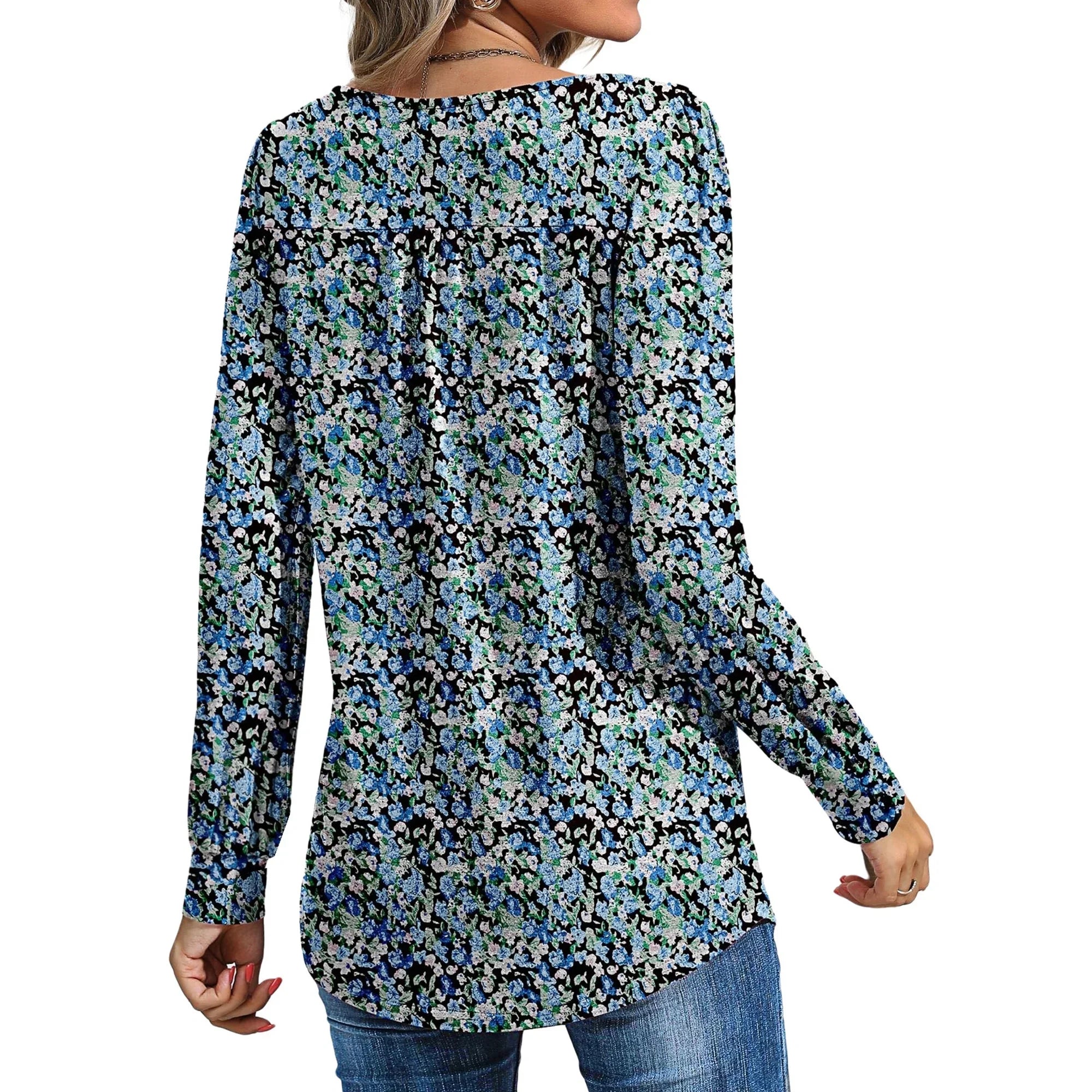 LinenMarket Floral Blouses for Women Pleated Long Sleeve Shirts Casual Crewneck Tunic Tops