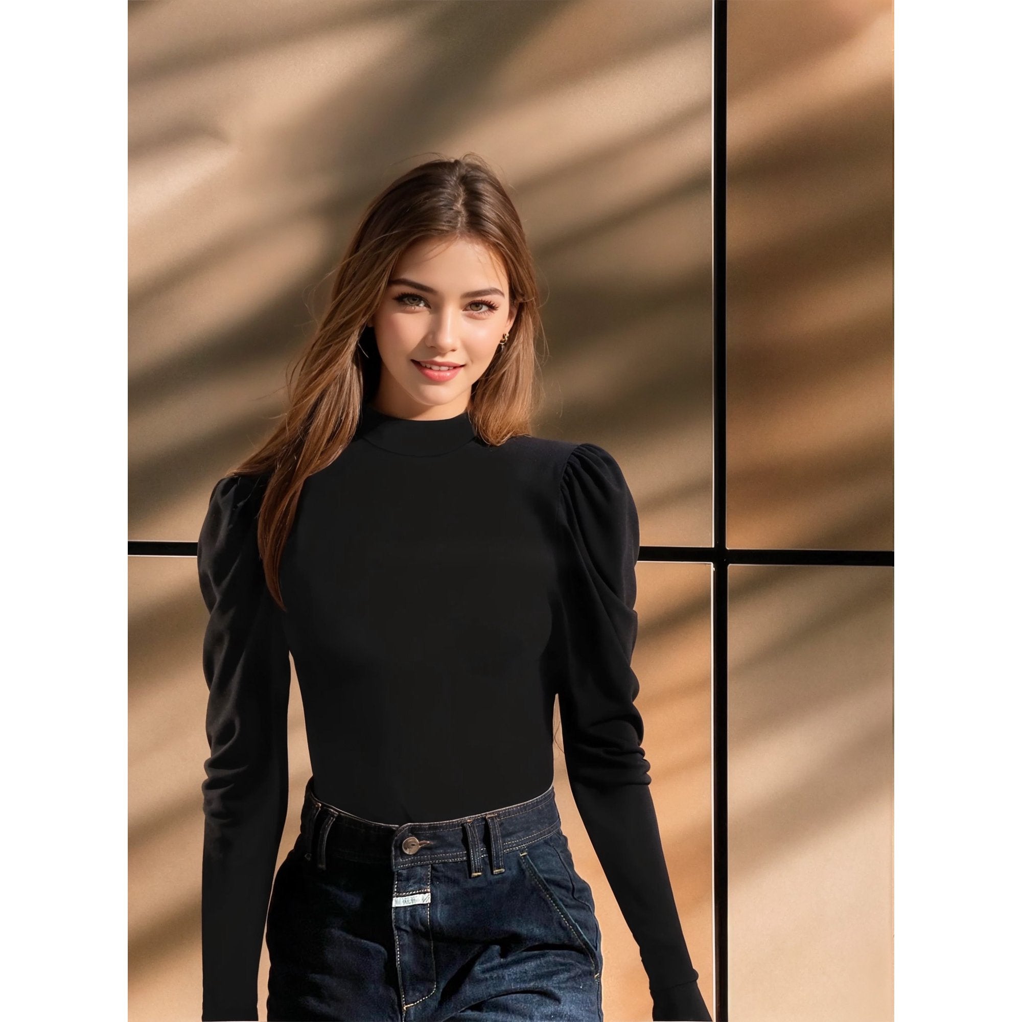 LinenMarket Mock Turtle Neck Long Sleeve Bodysuit Puff Sleeve Tops for Women