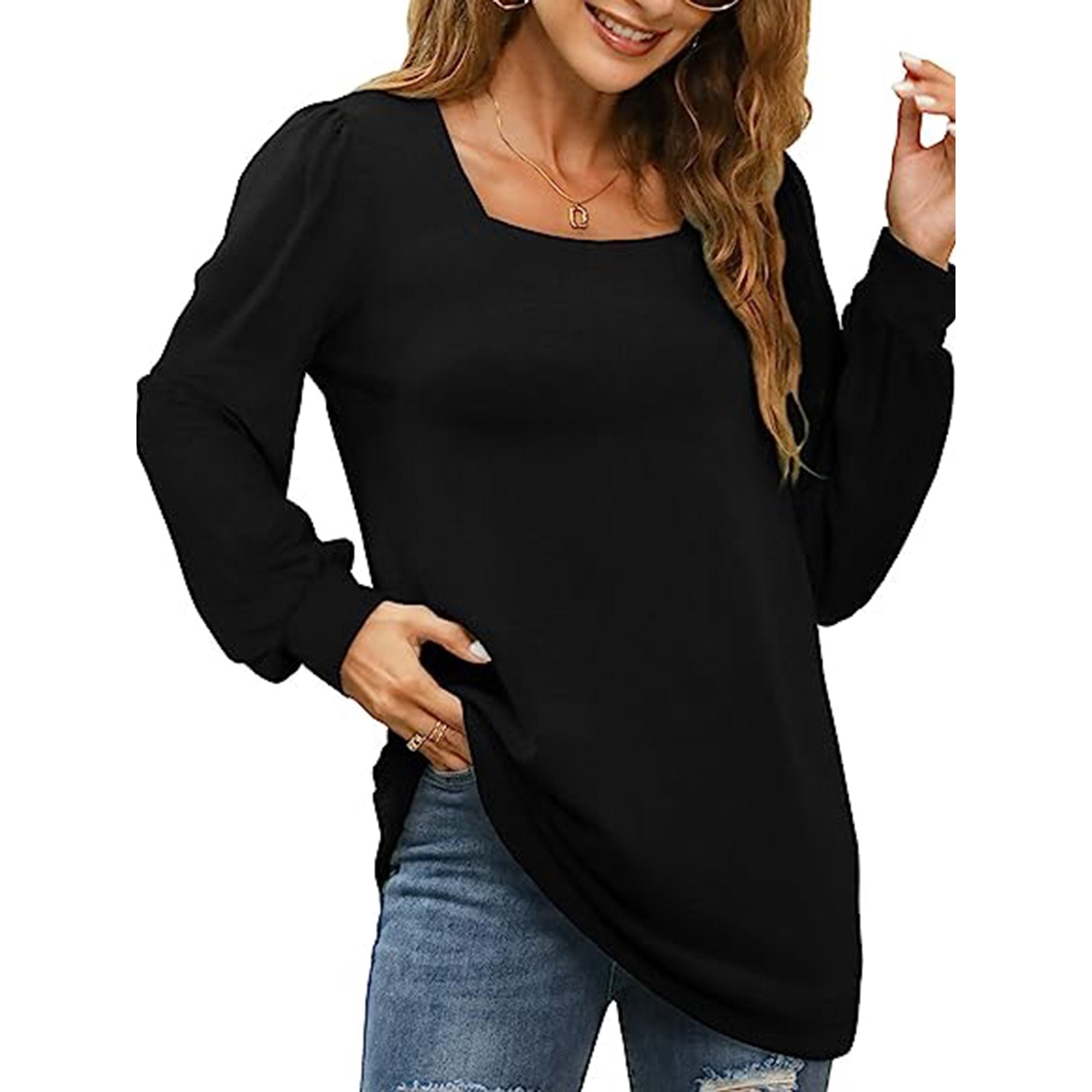 LinenMarket Sweatshirts for Women Square Neck Long Sleeve Shirts Casual Tunic Tops