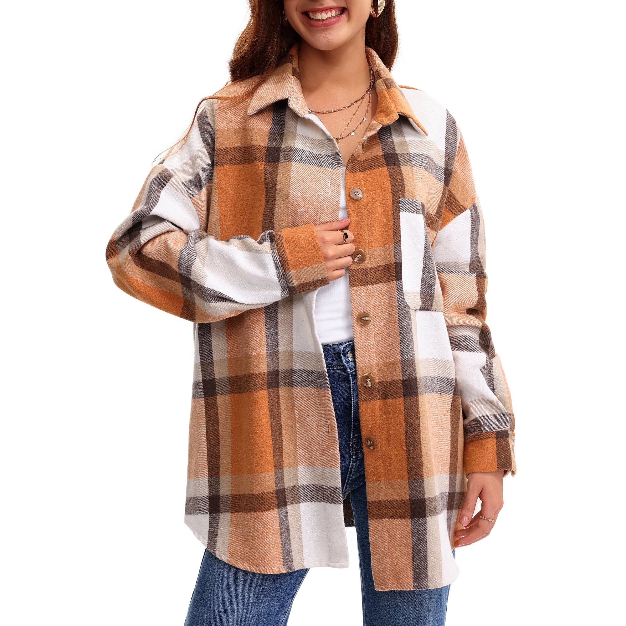 LinenMarket Plaid Shirts for Women Flannel Long Sleeve Shacket Jacket Ladies Shirt Button Down Top Casual Coats