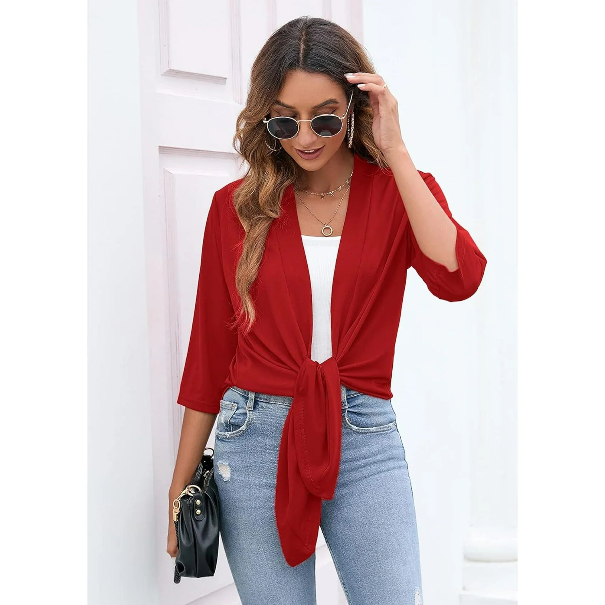 LinenMarket Women's Lightweight Open Front Cardigans Casual 3/4 Sleeve Casual Soft Drape Spring Fall Cardigan Wine Red M