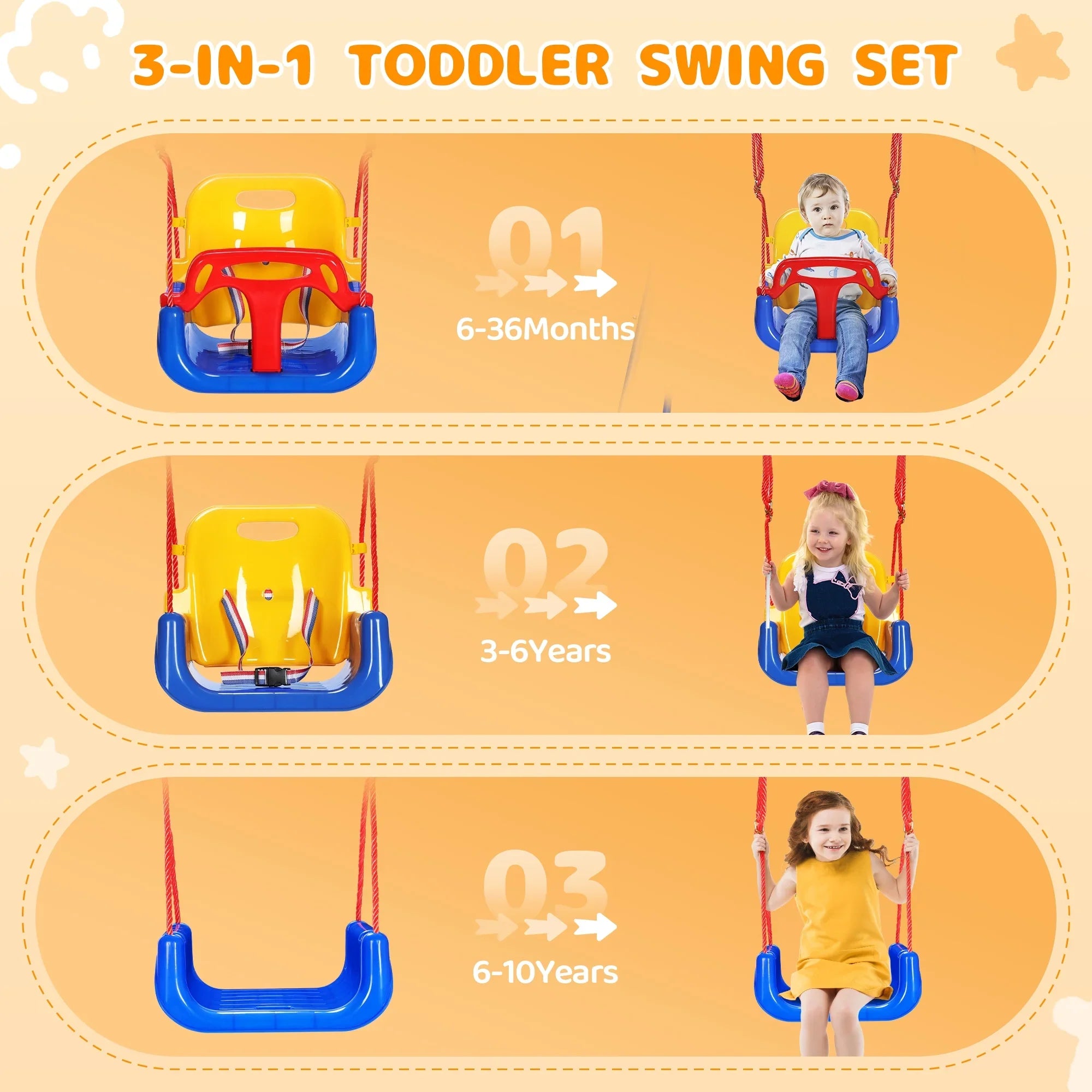 Metal Baby Toddler Swing, 3-in-1 Outdoor&Indoor Playground for Children Swing Set,Easy Assembly Kid Playset with 4 Sandbags for Age 1-10-Yellow