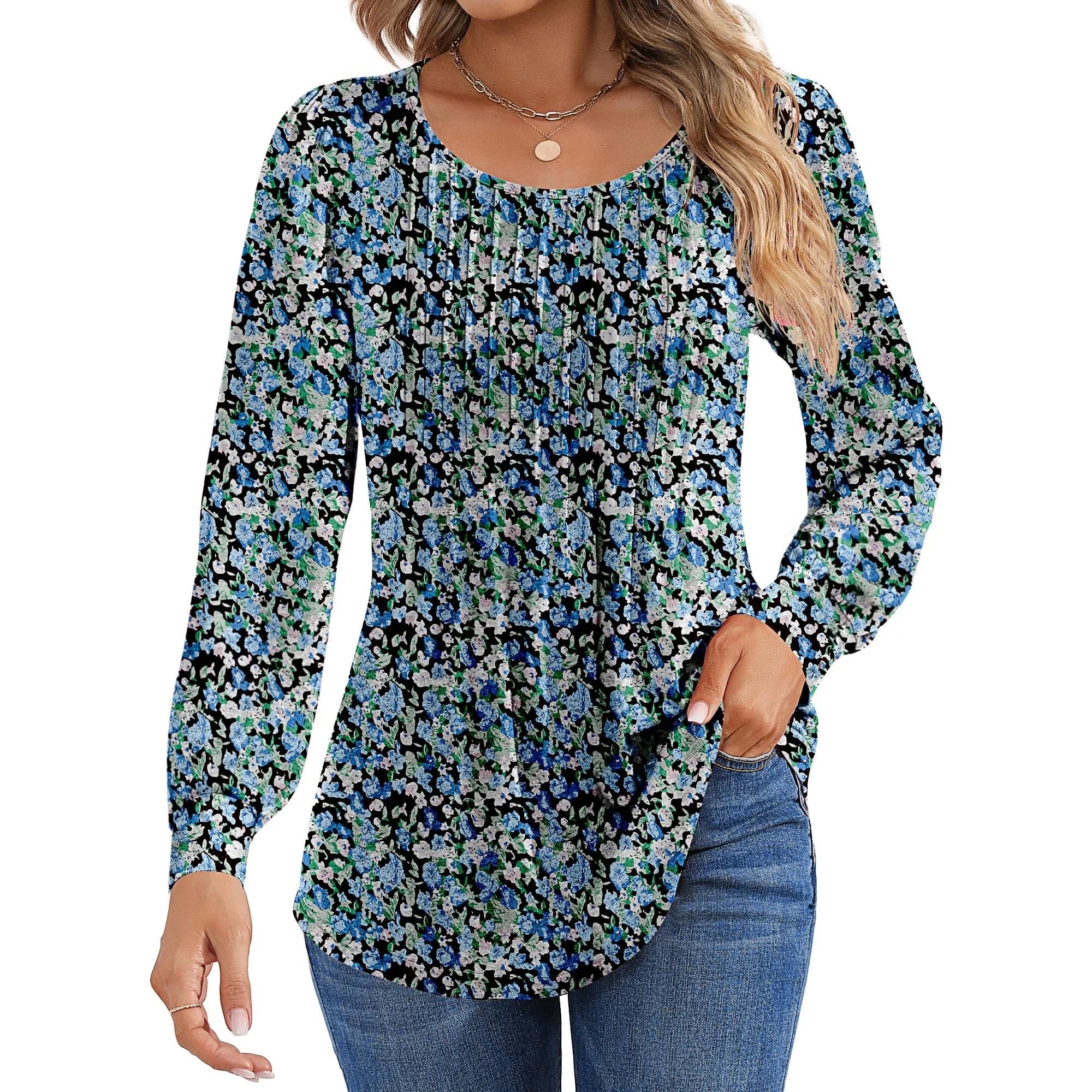 LinenMarket Floral Blouses for Women Pleated Long Sleeve Shirts Casual Crewneck Tunic Tops