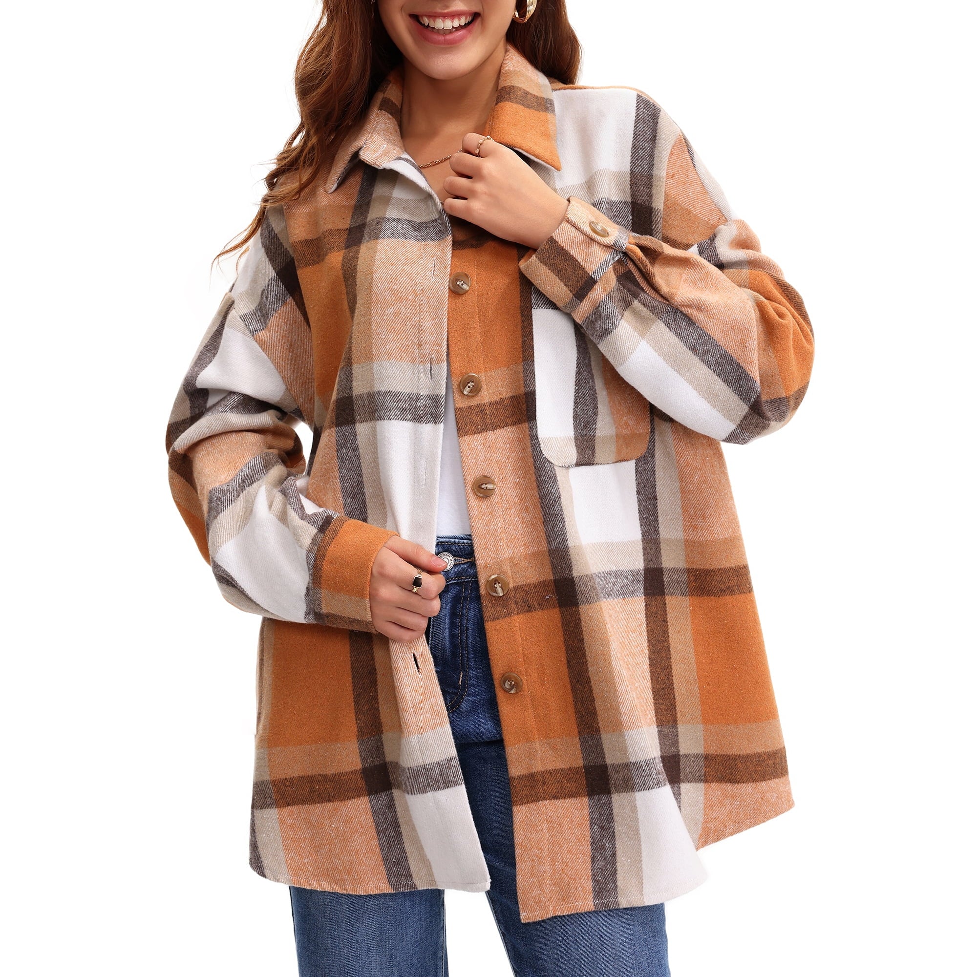 LinenMarket Plaid Shirts for Women Flannel Long Sleeve Shacket Jacket Ladies Shirt Button Down Top Casual Coats