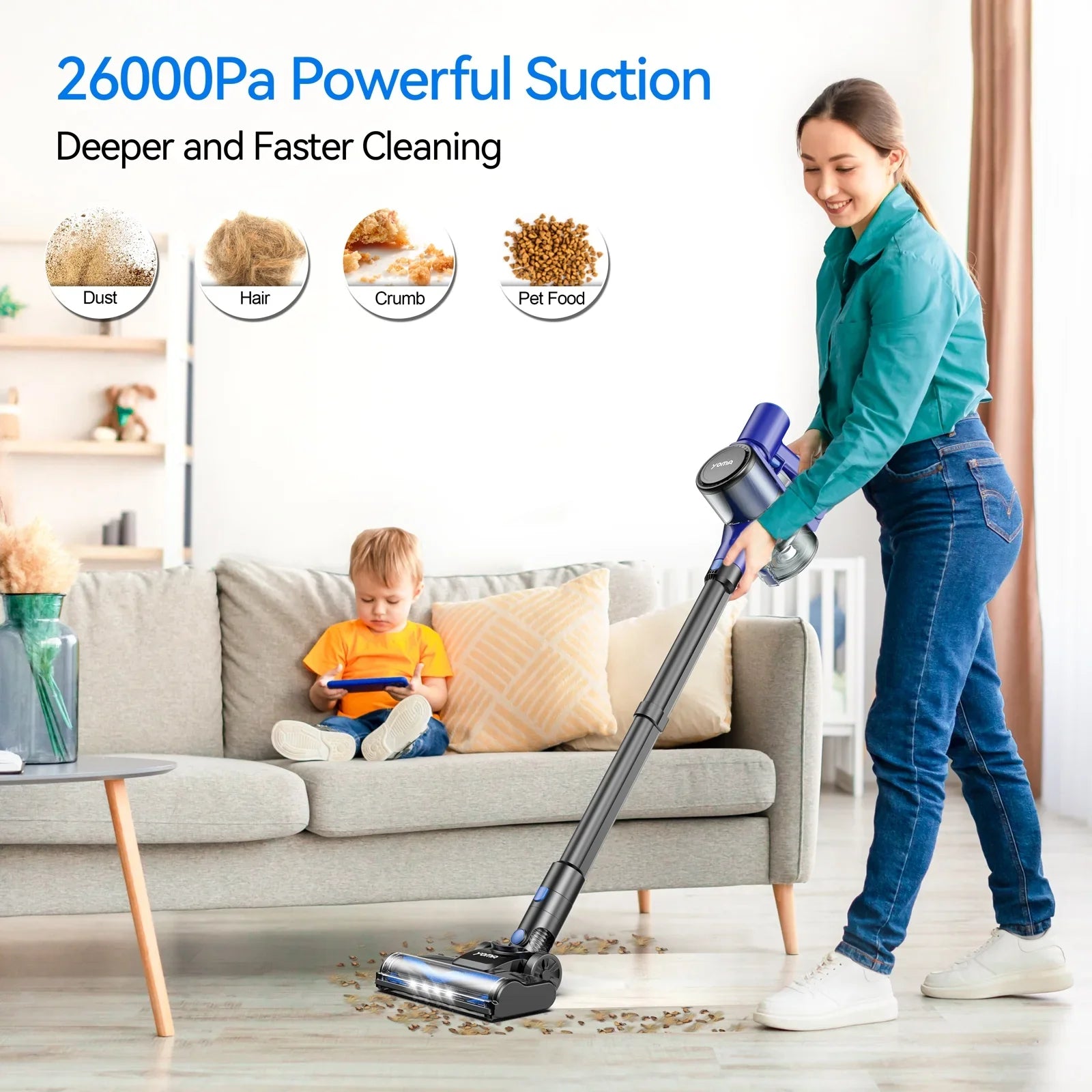 YOMA S18 Cordless Vacuum Cleaner, 6 in 1 Lightweight Stick Vacuum with Detachable Battery, 26Kpa Powerful Suction Vacuum Cleaner for Home Carpet Hardfloor Pet Hair