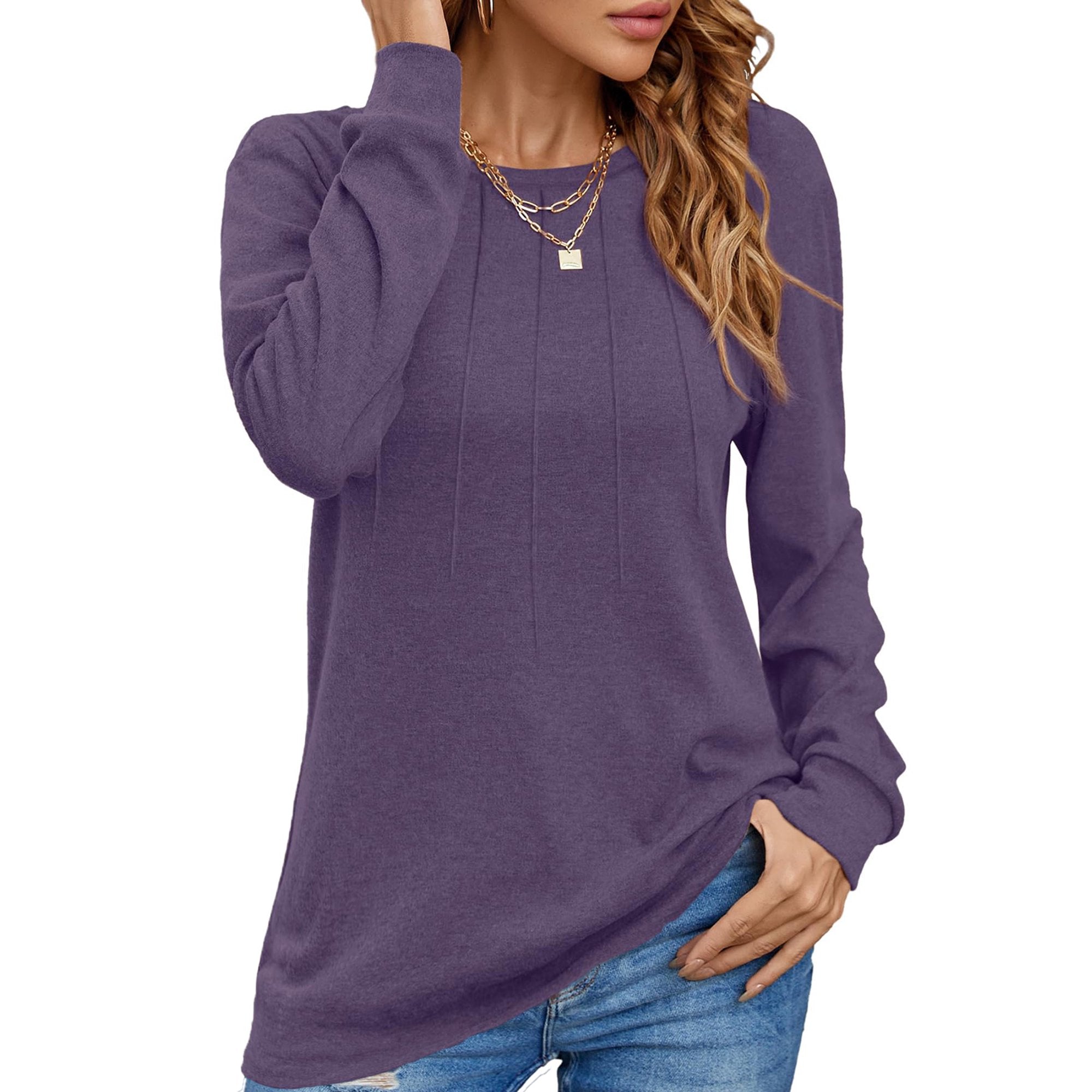 LinenMarket Pleated Womens Blouses Crewneck Long Sleeve Shirts Casual Dressy Tunic Tops