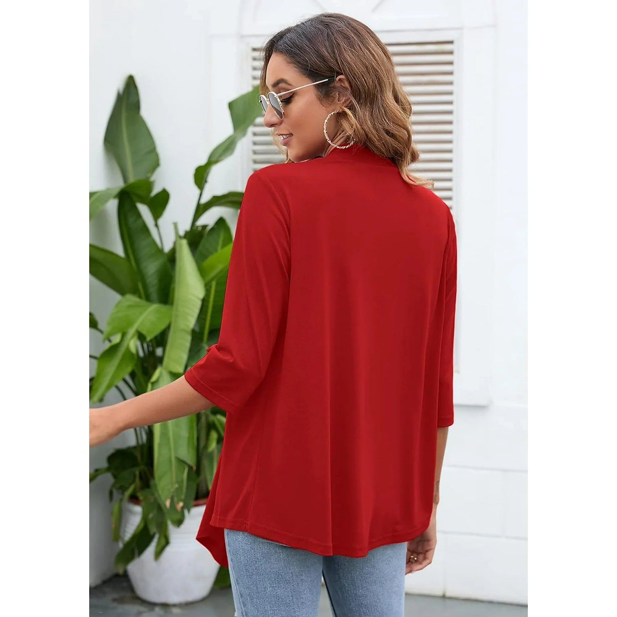 LinenMarket Women's Lightweight Open Front Cardigans Casual 3/4 Sleeve Casual Soft Drape Spring Fall Cardigan Wine Red M