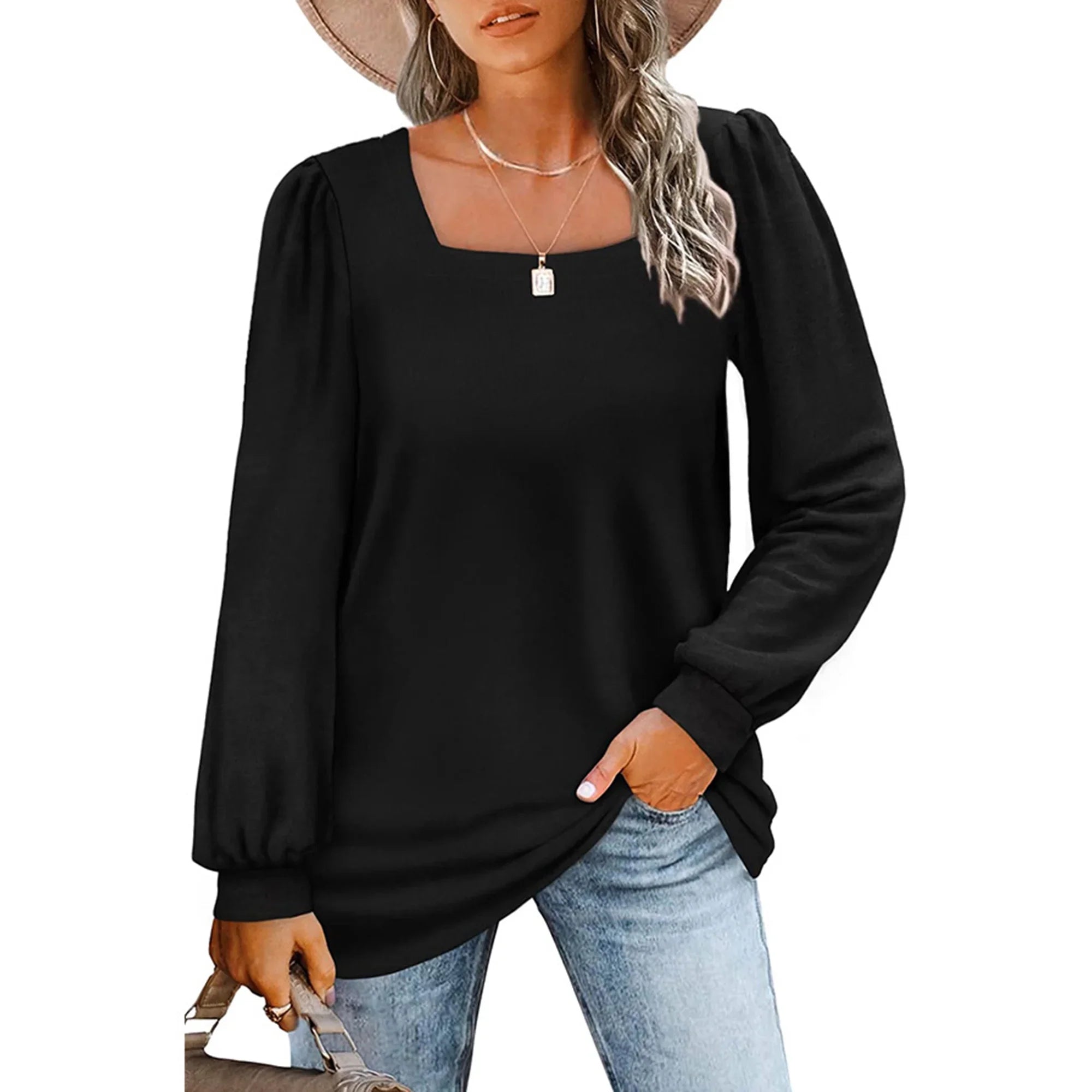 LinenMarket Sweatshirts for Women Square Neck Long Sleeve Shirts Casual Tunic Tops