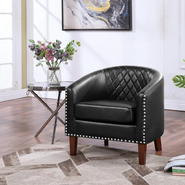 TrumanPick Barrel Accent Chair, Leather Comfy Club Chair Living Room Armchair Cozy Reading Chair for Adults Bedroom, Black