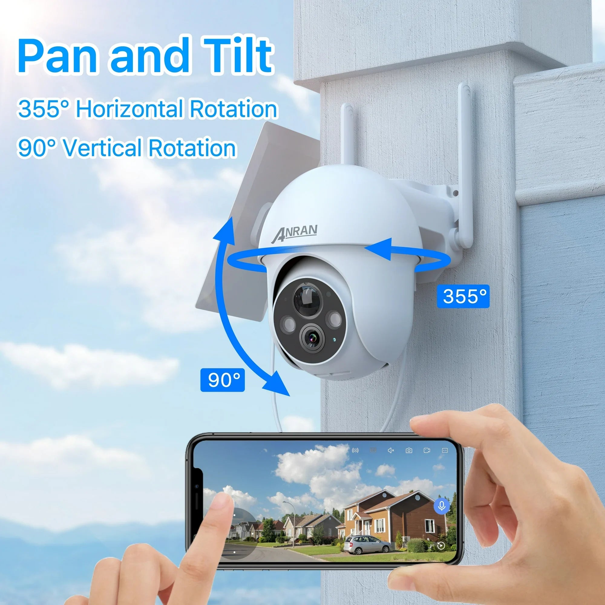 2K Solar Security Camera with Spotlight, ANRAN 360 View Wireless Outdoor Camera, Waterproof PIR Detection, Rechargeable Battery Powered Home Surveillance Camera with Color Night Vision 2-Way Audio