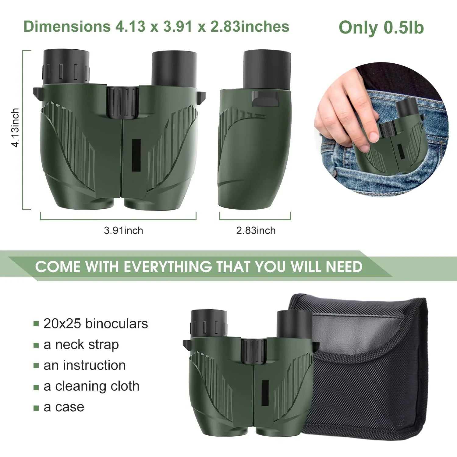 20X25 Compact Binoculars for Adults and Kids,Large Eyepiece Waterproof Binocular，Easy Focus Small Binoculars for Bird Watching,Hiking and Concert, Green