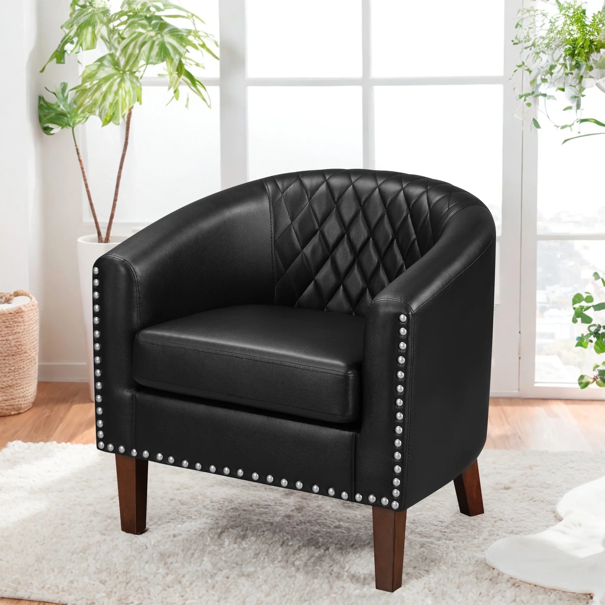 TrumanPick Barrel Accent Chair, Leather Comfy Club Chair Living Room Armchair Cozy Reading Chair for Adults Bedroom, Black