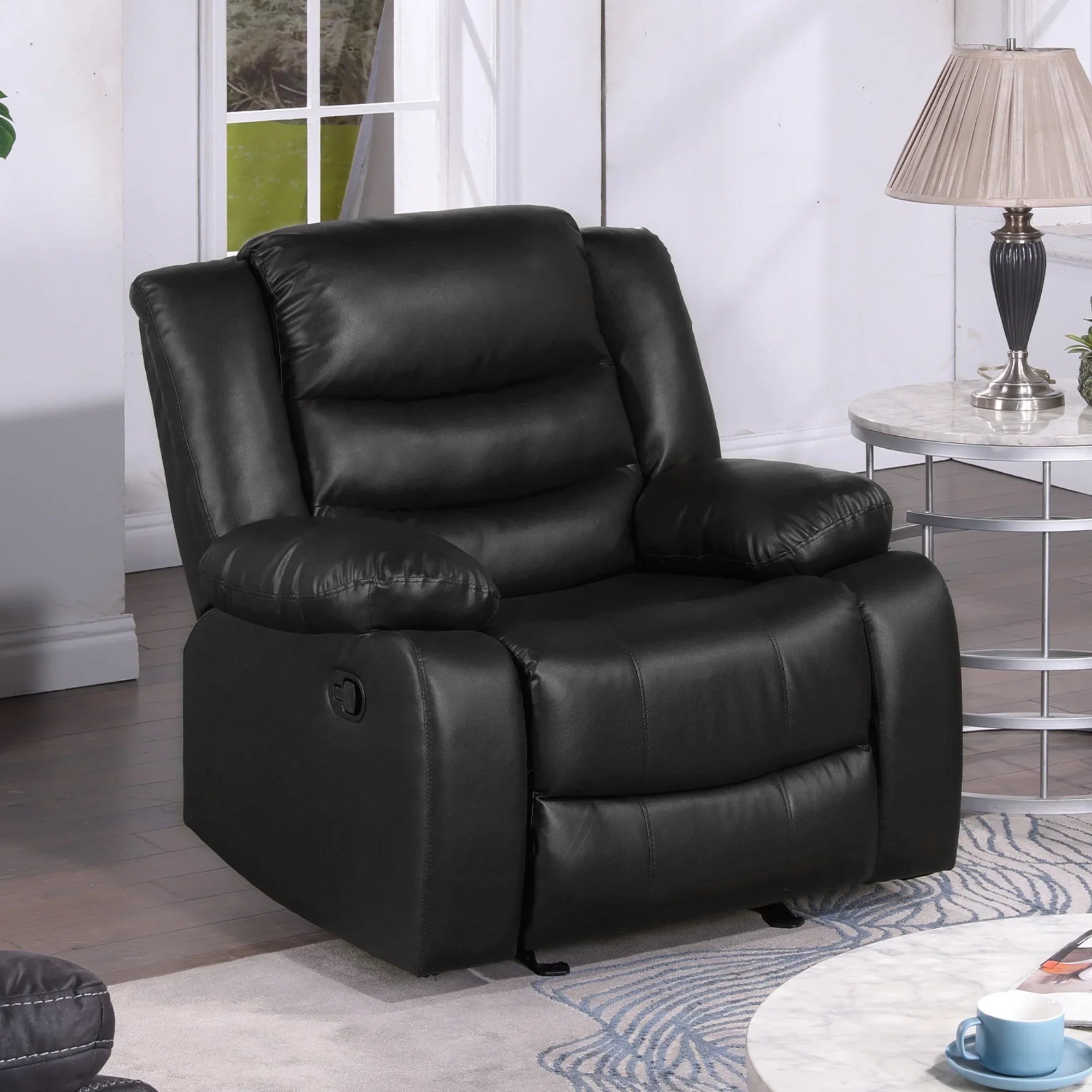 TrumanPick Manual Swivel Recliner Rocker Chair, Leather Rocker Recliner Living Room Theater Reclining Chairs for Adults Small Spaces, Black