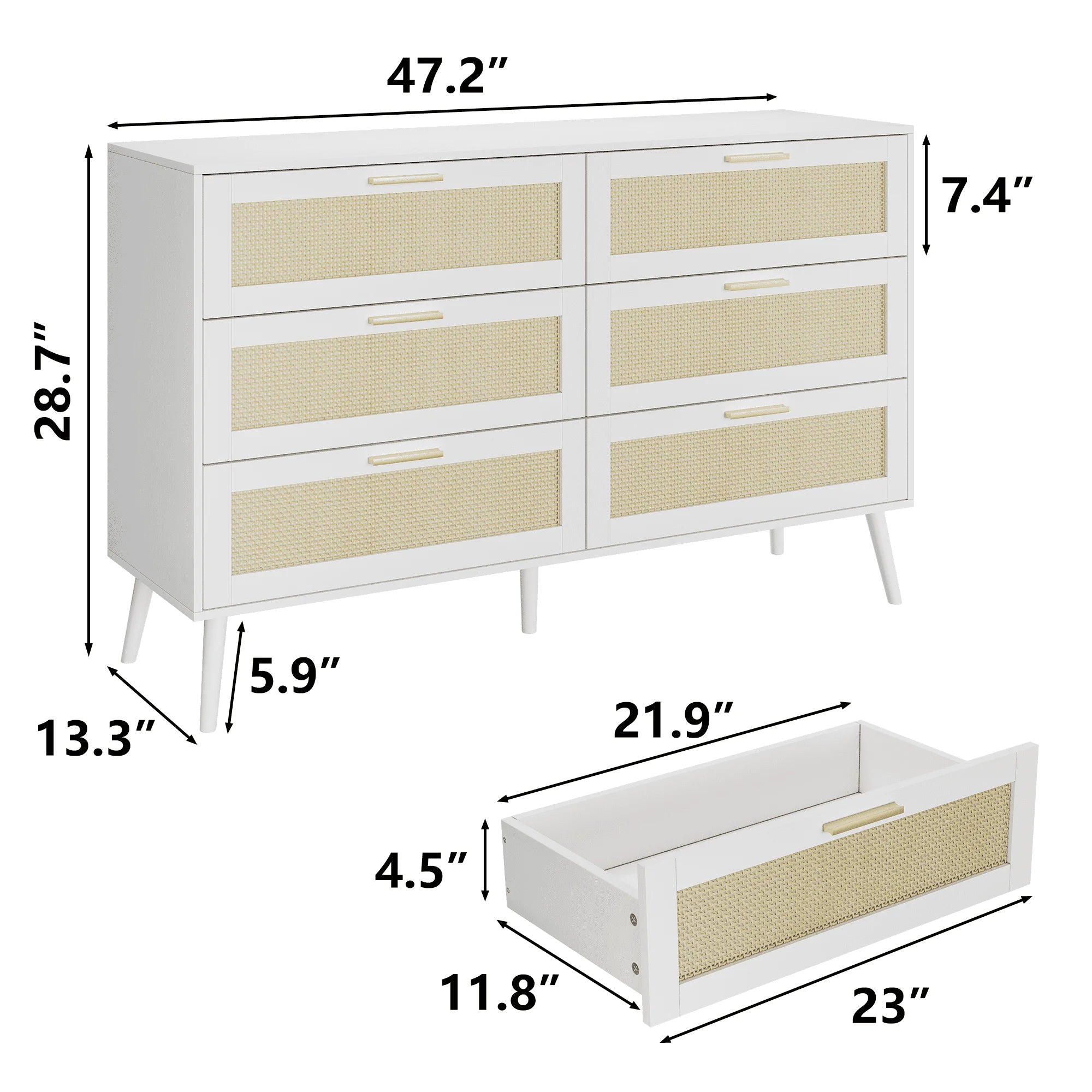 TrumanPick 6 Drawer Double White Dresser for Bedroom Rattan Dresser Chest of Drawers for Living Room Entryway Hallway 47 W x 13 D x 29 H