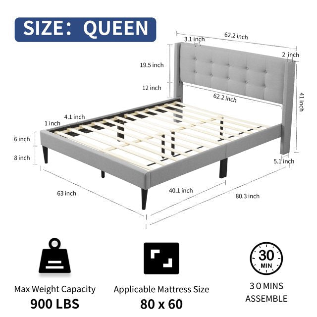 TrumanPick Queen Size Bed Frame with Fabric Upholstered Headboard Platform Bed Frame No Box Spring Needed Strong Wooden Slats 900 LBS Load Capacity-80"L x 63"W x 41"H, Gray